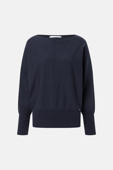 Navy blue round-neck sweater by MORE & MORE, featuring ribbed cuffs and hem, front seam detail, front view