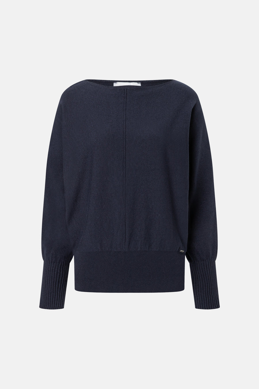 Navy blue round-neck sweater by MORE & MORE, featuring ribbed cuffs and hem, front seam detail, front view