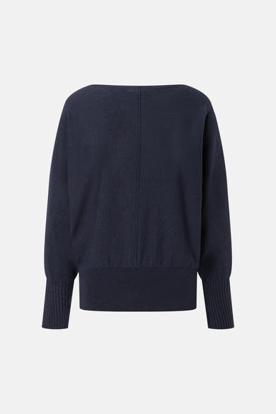 Navy blue crewneck sweater by MORE & MORE, back view with ribbed cuffs and hem, smooth knit texture