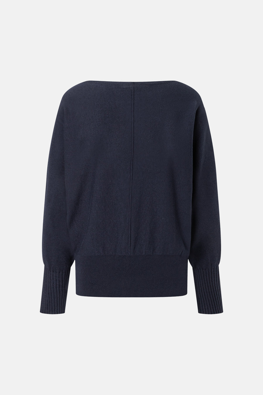Navy blue crewneck sweater by MORE & MORE, back view with ribbed cuffs and hem, smooth knit texture