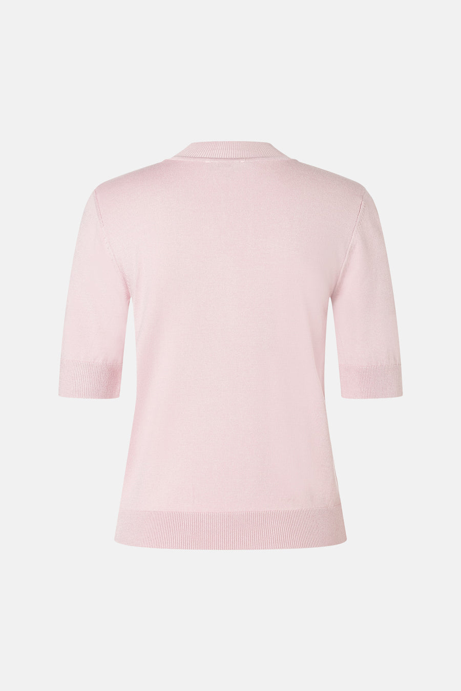Soft pink ribbed knit turtleneck sweater by MORE & MORE, back view with three-quarter sleeves and clean silhouette.