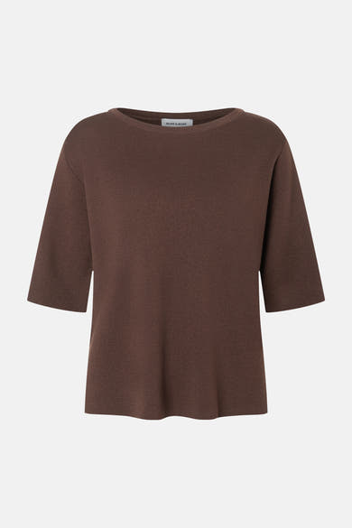 Brown ribbed knit round-neck pullover by MORE & MORE, three-quarter sleeves, front view