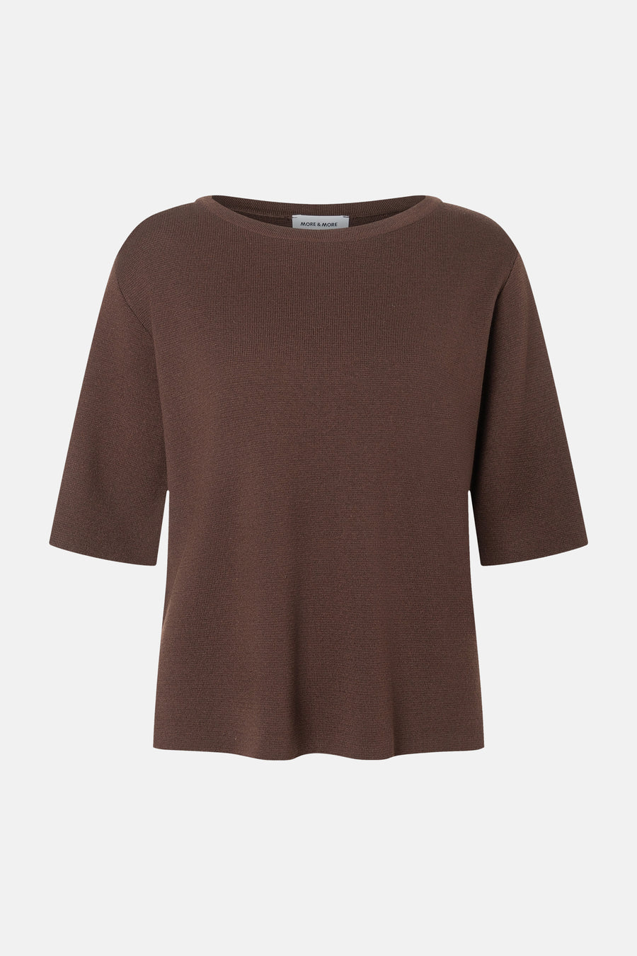 Brown ribbed knit round-neck pullover by MORE & MORE, three-quarter sleeves, front view