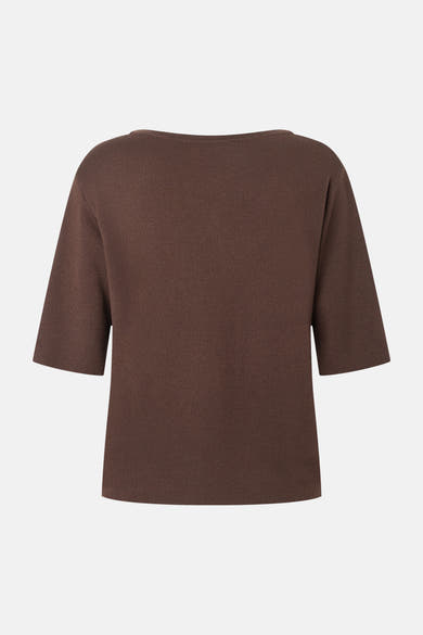 Brown ribbed knit round-neck pullover by MORE & MORE, back view, three-quarter sleeves, textured fabric