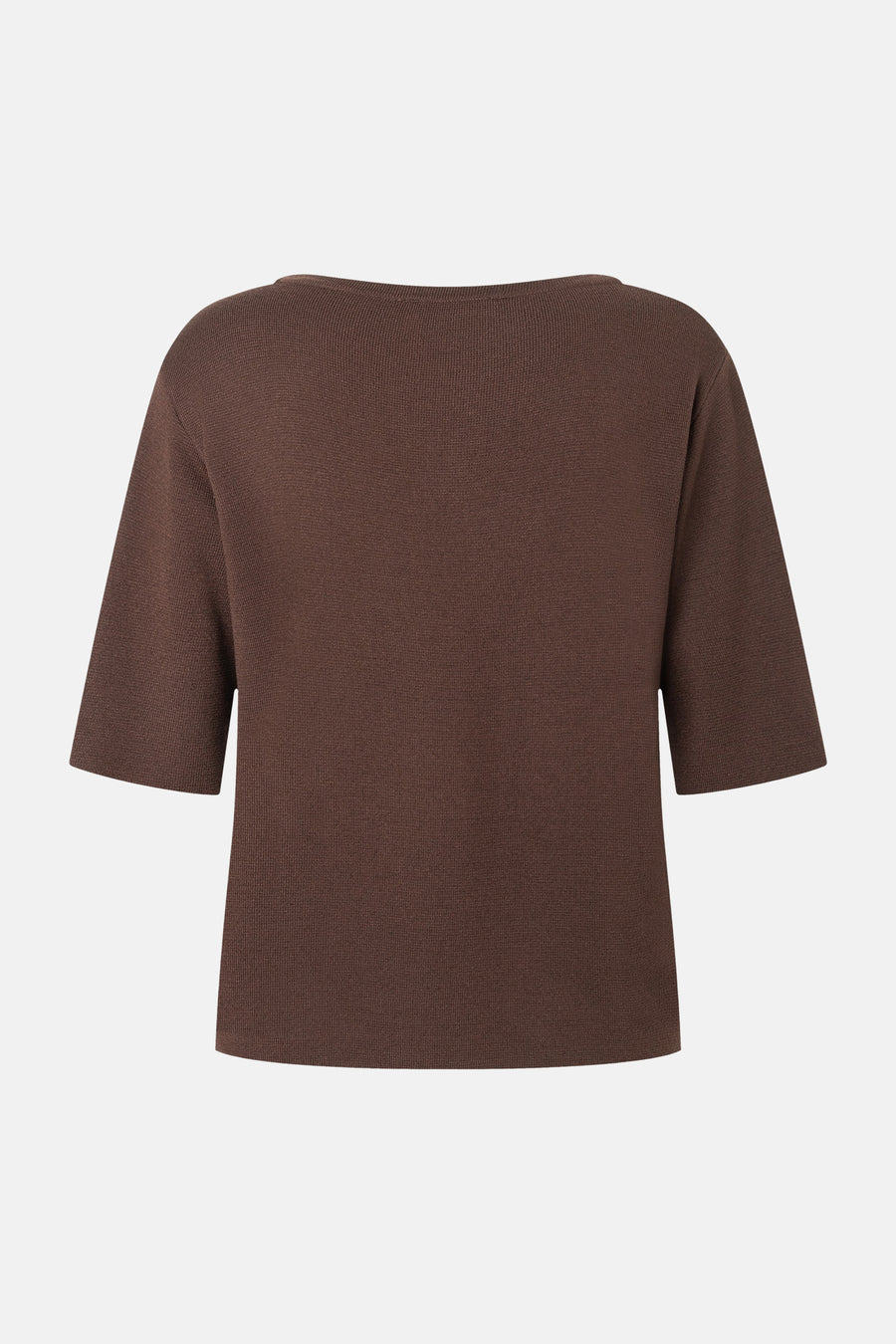 Brown ribbed knit round-neck pullover by MORE & MORE, back view, three-quarter sleeves, textured fabric