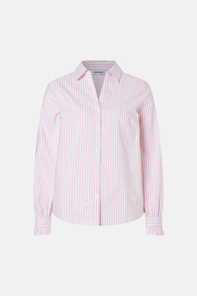 Pink and white striped long-sleeve blouse by MORE & MORE, featuring ruffled cuffs and front button closure, front view