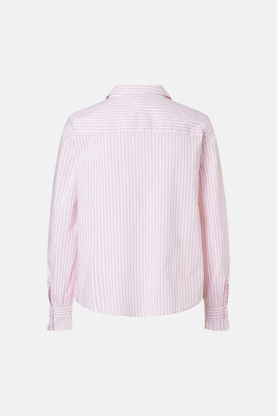 Pink and white striped long-sleeve blouse by MORE & MORE, back view with ruffled cuffs and classic collar.