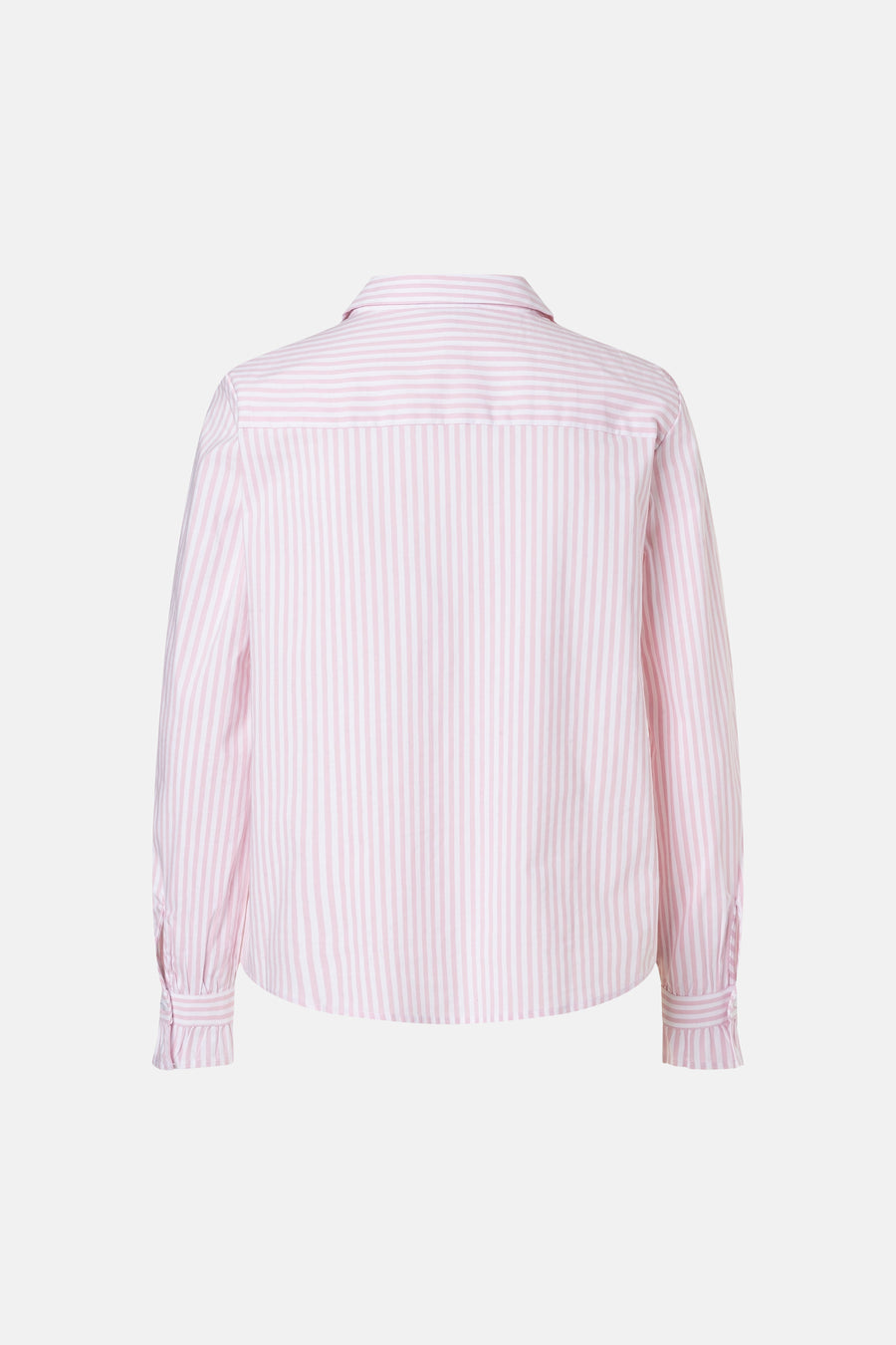 Pink and white striped long-sleeve blouse by MORE & MORE, back view with ruffled cuffs and classic collar.