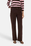 Brown five-pocket women's seasonal pants by MORE & MORE, straight-leg fit, worn with striped top and sandals, front view