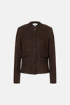 Brown textured cardigan by MORE & MORE with round neckline, front buttons, and flap pockets, shown front view.