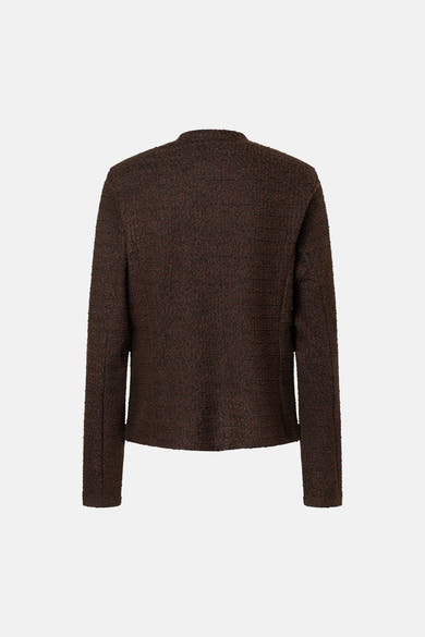 Brown textured cardigan by MORE & MORE, back view, long sleeves, structured fit, tweed-like fabric