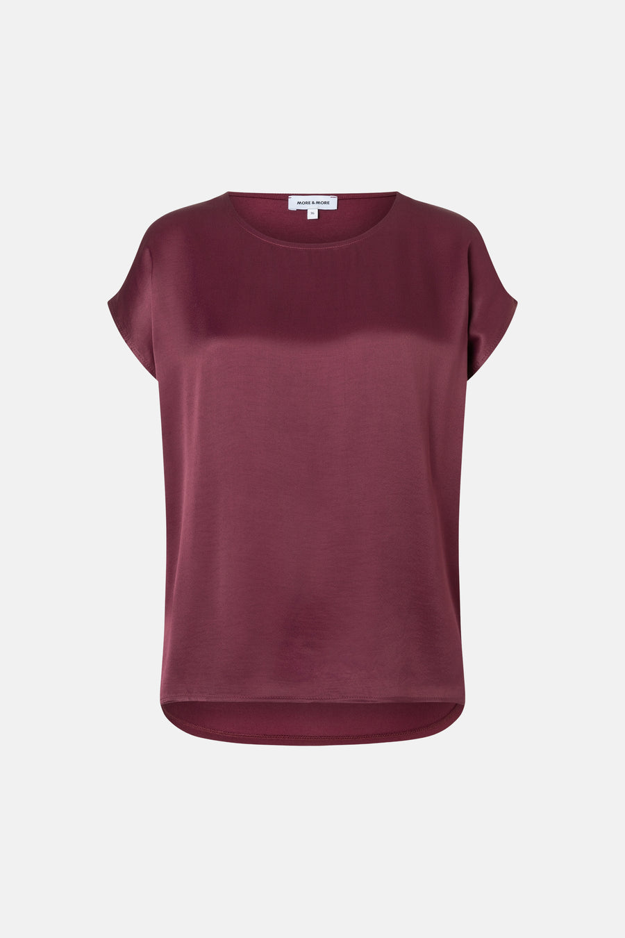Burgundy short-sleeve chemisier by MORE & MORE, featuring a rounded neckline and relaxed fit with a curved hem.