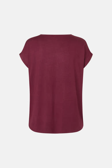 Burgundy short-sleeve chemisier by MORE & MORE, back view, smooth knit fabric, relaxed fit