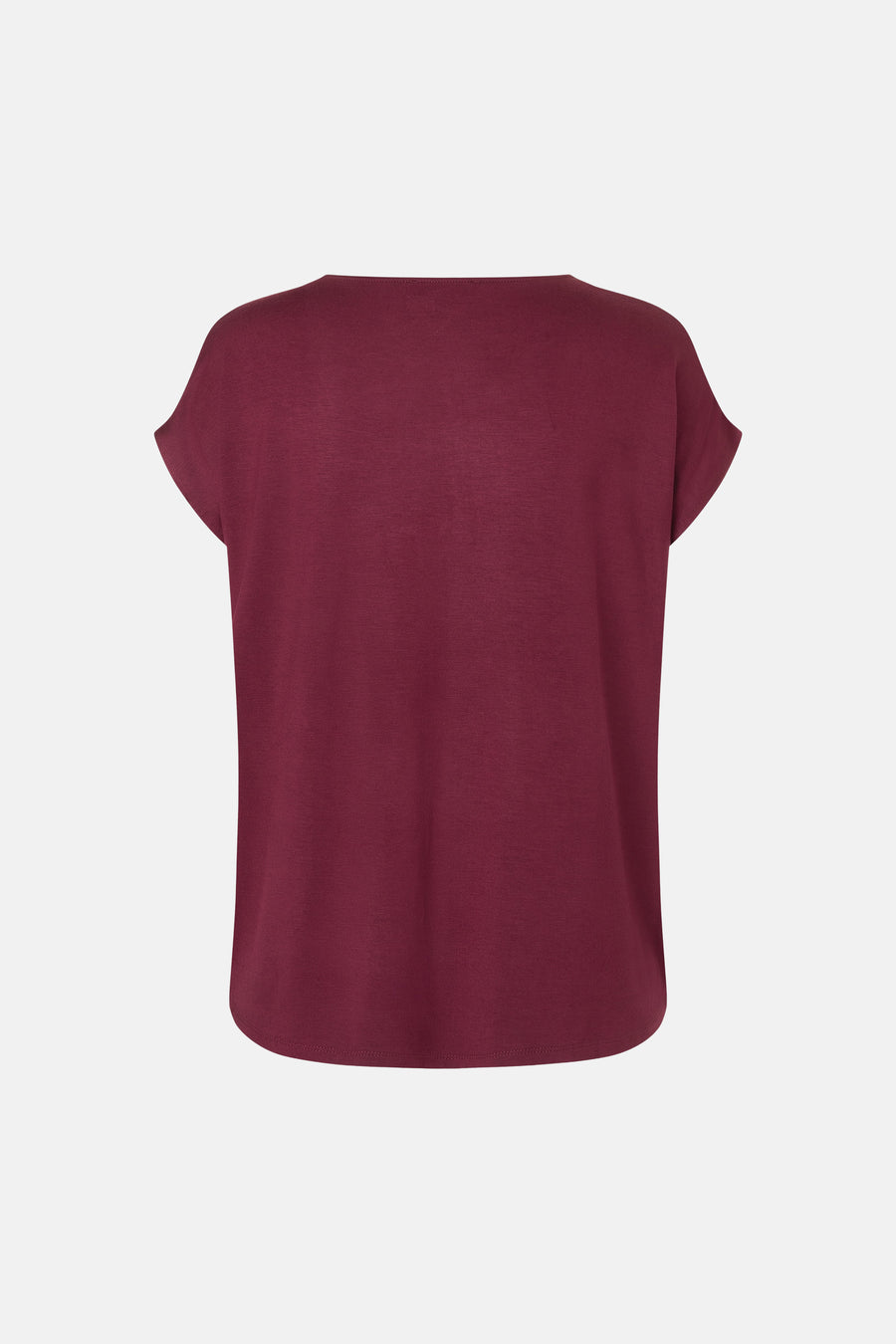 Burgundy short-sleeve chemisier by MORE & MORE, back view, smooth knit fabric, relaxed fit