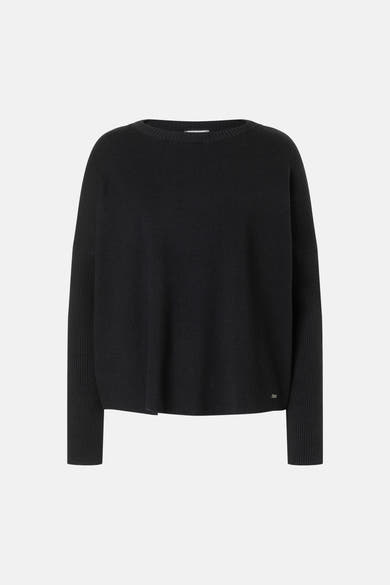 Black round-neck sweater by MORE & MORE, ribbed cuffs and hem, relaxed fit, front view