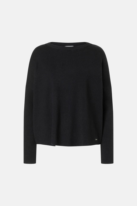 Black round-neck sweater by MORE & MORE, ribbed cuffs and hem, relaxed fit, front view