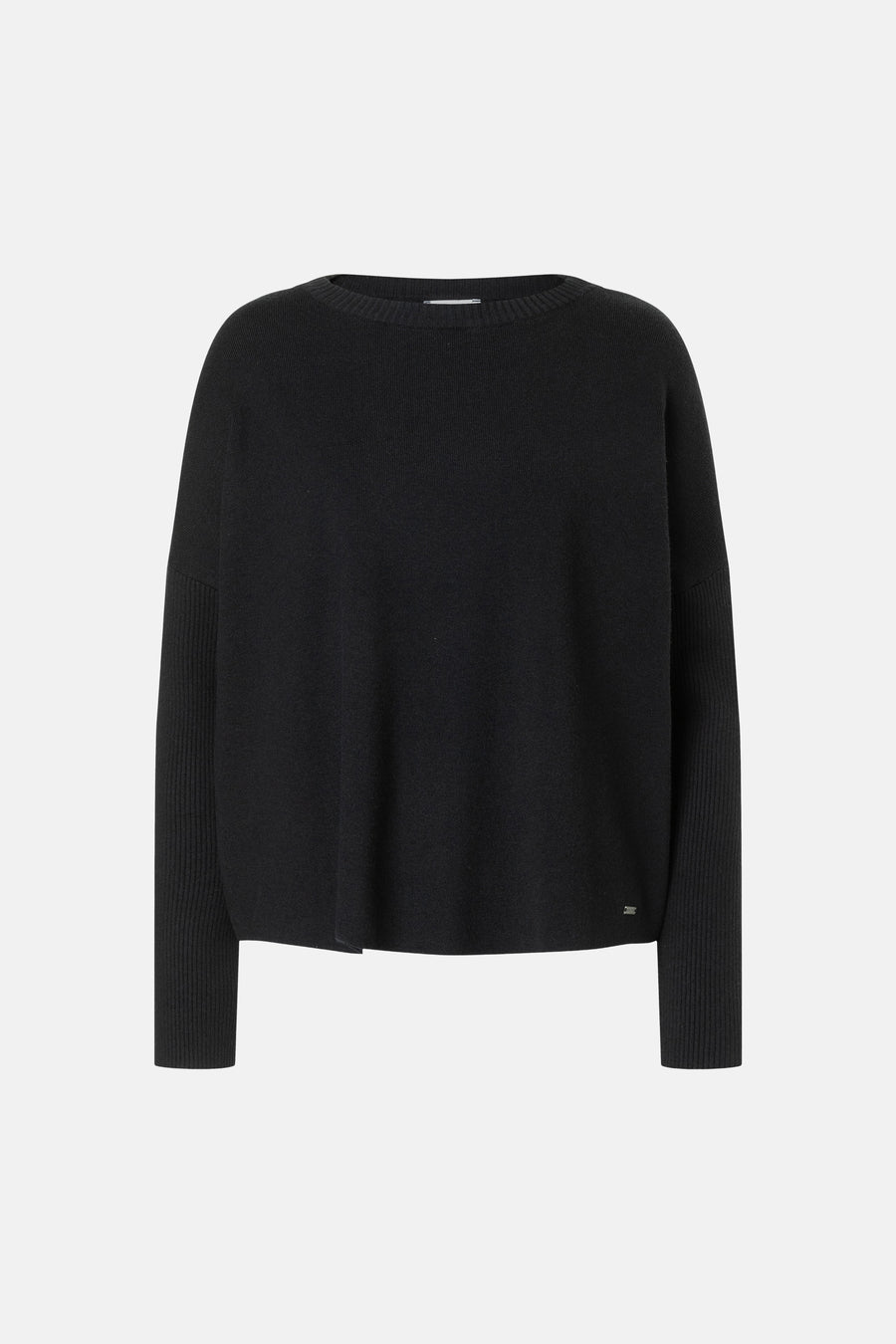 Black round-neck sweater by MORE & MORE, ribbed cuffs and hem, relaxed fit, front view