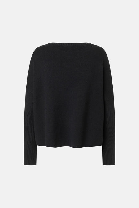 Black round-neck sweater by MORE & MORE, back view, ribbed cuffs and hem, soft knit texture