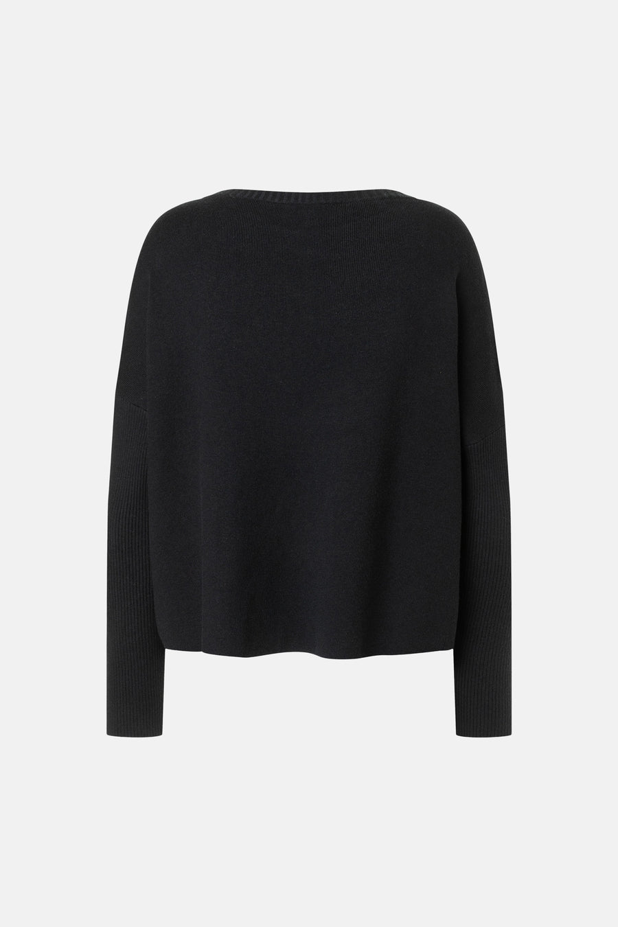 Black round-neck sweater by MORE & MORE, back view, ribbed cuffs and hem, soft knit texture