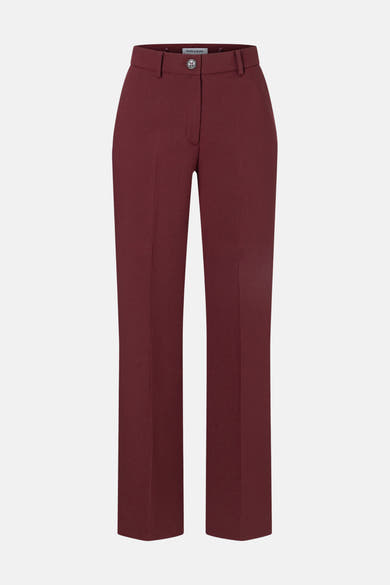 Burgundy tailored suit pants by MORE & MORE, front view with clean straight-leg cut and single-button waistband