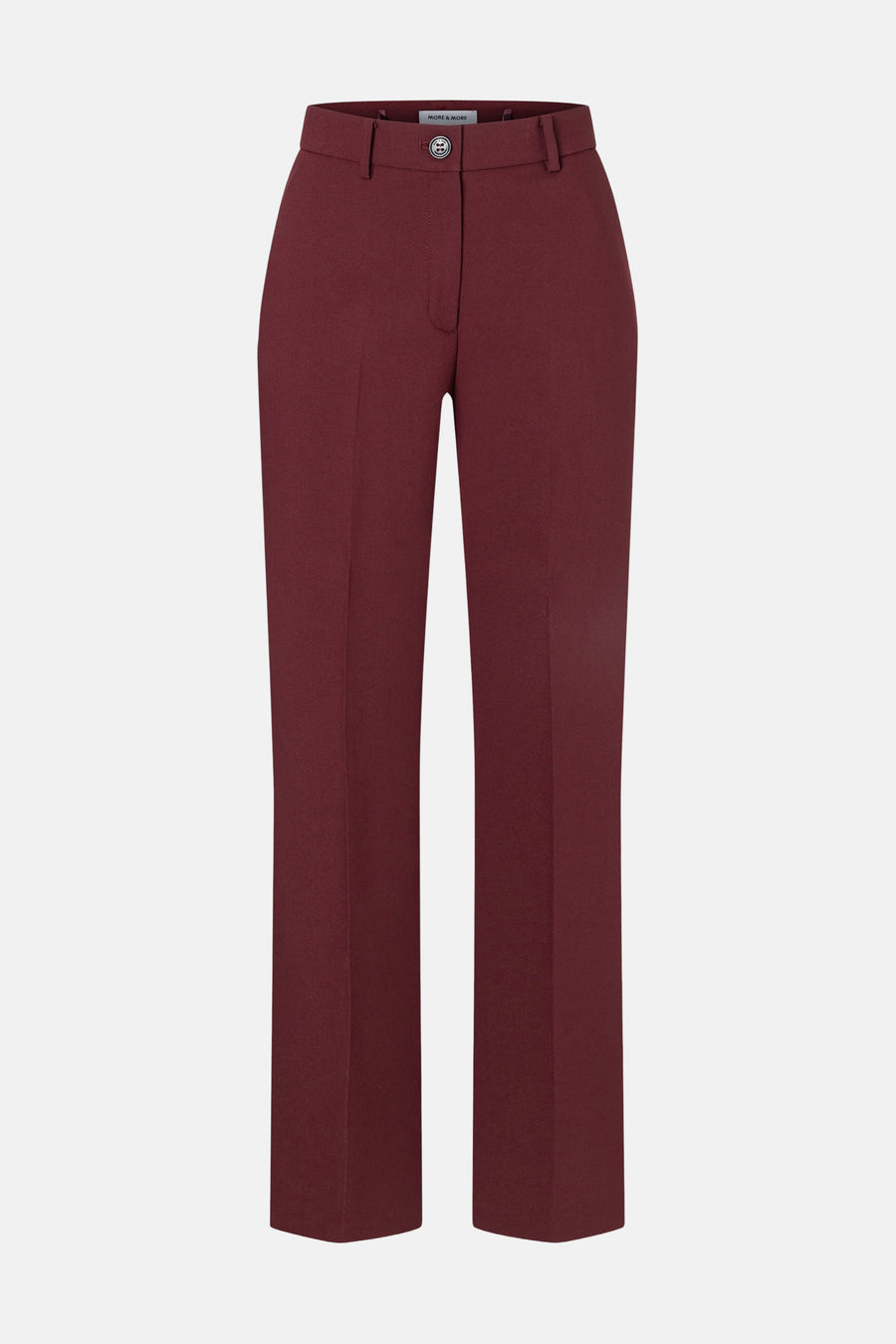 Burgundy tailored suit pants by MORE & MORE, front view with clean straight-leg cut and single-button waistband