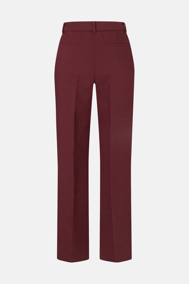 Burgundy tailored suit pants by MORE & MORE, straight-leg fit with back pockets, front view on white background