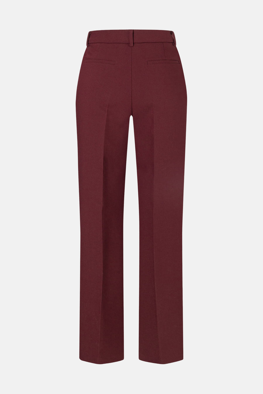 Burgundy tailored suit pants by MORE & MORE, straight-leg fit with back pockets, front view on white background
