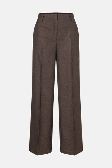 Brown wide-leg suit trousers by MORE & MORE, featuring a textured wool blend, front pleats, and clean tailored fit, shown in front view.