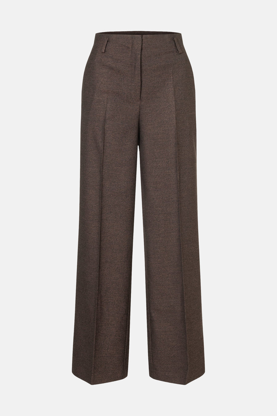 Brown wide-leg suit trousers by MORE & MORE, featuring a textured wool blend, front pleats, and clean tailored fit, shown in front view.