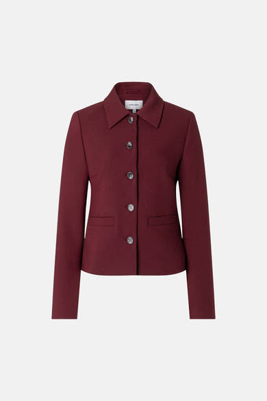 Burgundy women's blazer with structured collar and five-button front by MORE & MORE, featuring flap pockets and smooth fabric, front view