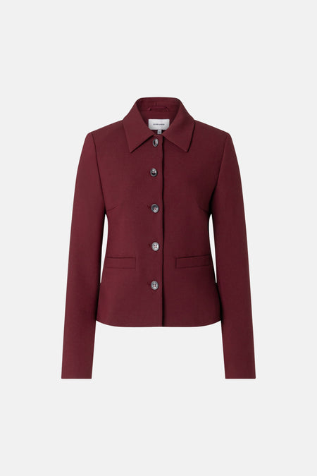 Burgundy women's blazer with structured collar and five-button front by MORE & MORE, featuring flap pockets and smooth fabric, front view