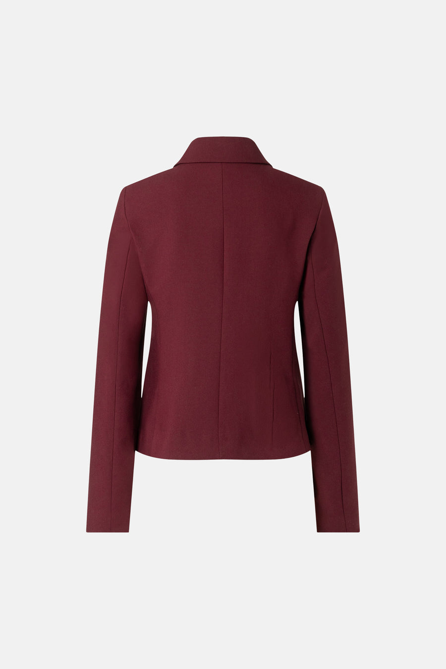 Burgundy women's blazer by MORE & MORE, back view, structured fit with central seam and long sleeves