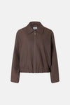 Brown textured casual jacket with front zipper and ribbed hem by MORE & MORE, shown in front view