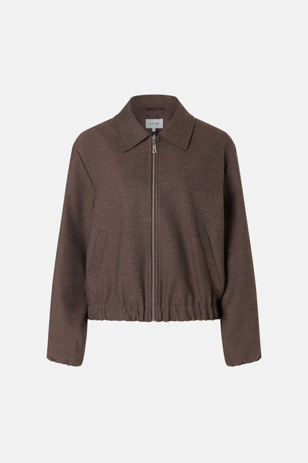 Brown textured casual jacket with front zipper and ribbed hem by MORE & MORE, shown in front view
