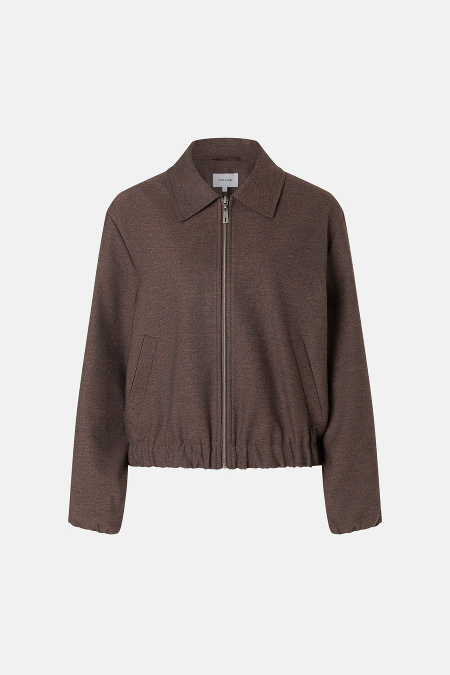 Brown textured casual jacket with front zipper and ribbed hem by MORE & MORE, shown in front view