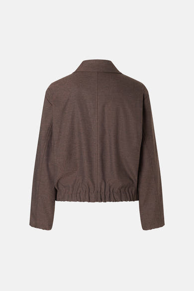 Brown casual women's jacket by MORE & MORE, back view with ribbed hem and textured fabric.