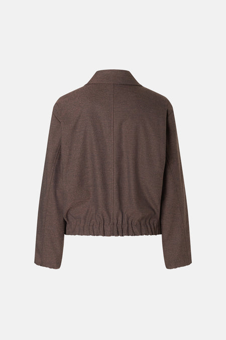 Brown casual women's jacket by MORE & MORE, back view with ribbed hem and textured fabric.