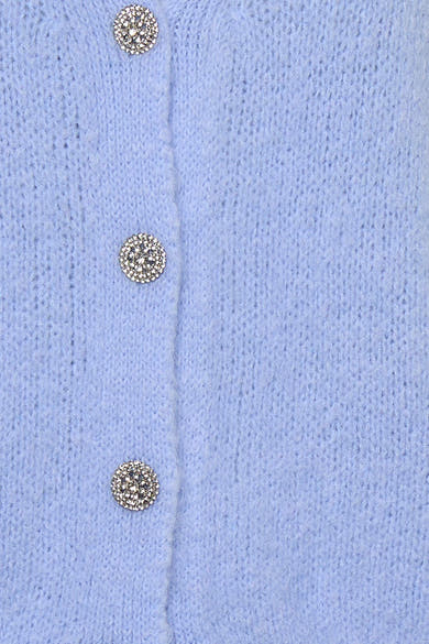 Blauwe gebreide bodywarmer met textuur van Terra di Siena, met drie decoratieve strass-knoopjes.