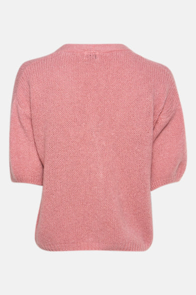 Cardigan rose en maille, de Terra di Siena, avec des manches courtes bouffantes.