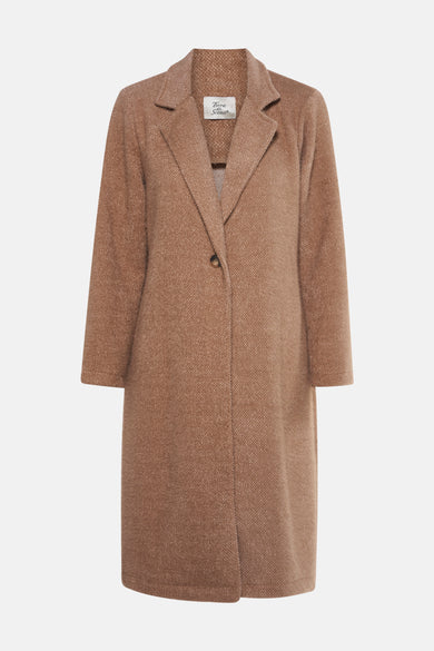 Veste longue beige de Terra di Siena, avec un bouton unique et une texture tissée.
