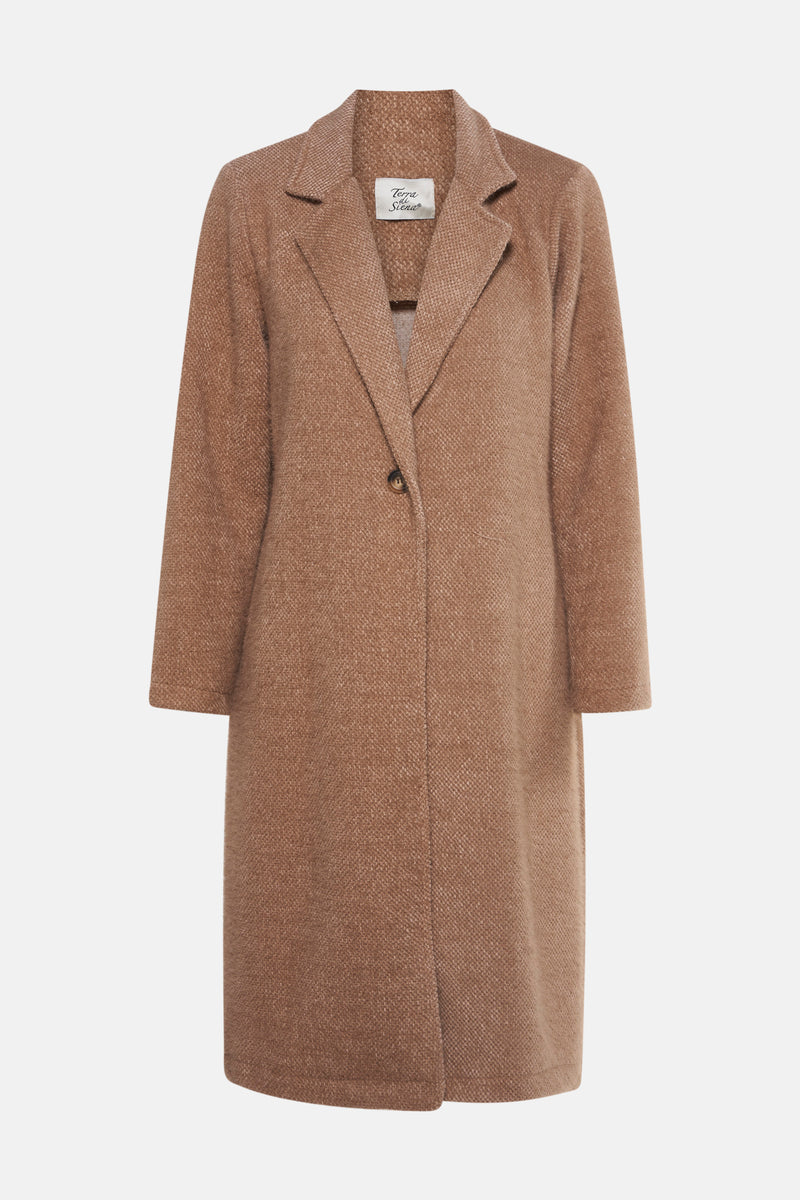 Veste longue beige de Terra di Siena, avec un bouton unique et une texture tissée.
