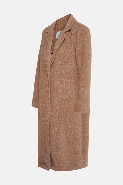 Veste longue beige de Terra di Siena avec une texture tweedée.
