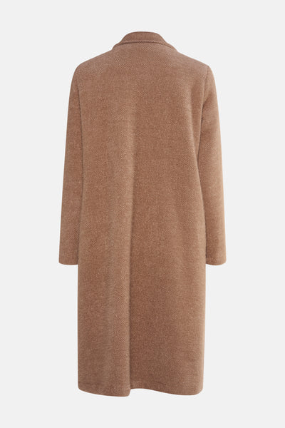 Veste longue beige en maille chinée de Terra di Siena, vue de dos.