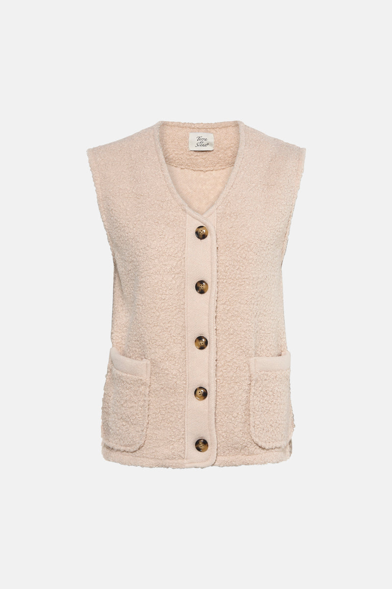 Ecru gilet van Terra di Siena, in een bouclé textuur, met V-hals en opgestikte zakken.