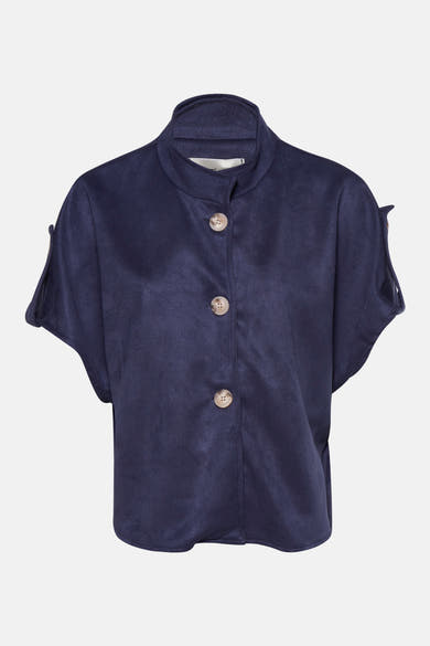 Cardigan bleu marine en matière fluide de Terra di Siena avec col montant et manches courtes fendues.
