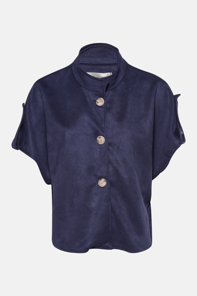 Cardigan bleu marine en matière fluide de Terra di Siena avec col montant et manches courtes fendues.
