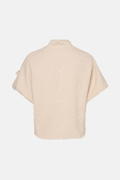 Cardigan beige de Terra di Siena, manches courtes évasées et texture bouclée, vue arrière.

