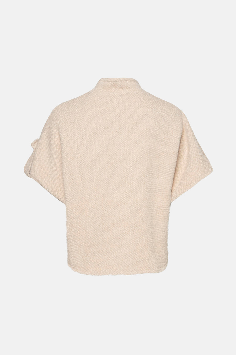 Cardigan beige de Terra di Siena, manches courtes évasées et texture bouclée, vue arrière.
