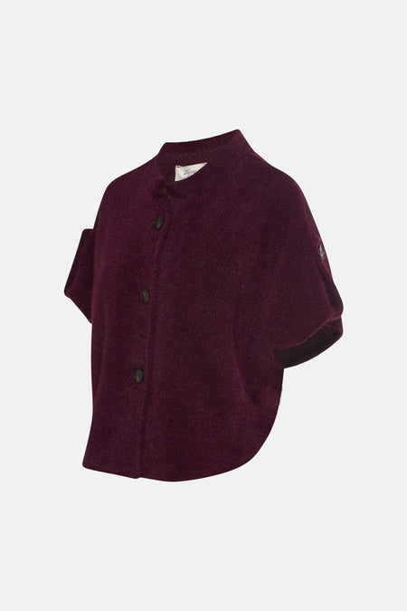 Cardigan bordeaux en laine mélangée de Terra di Siena, avec col montant et fermeture boutonnée sur le devant.