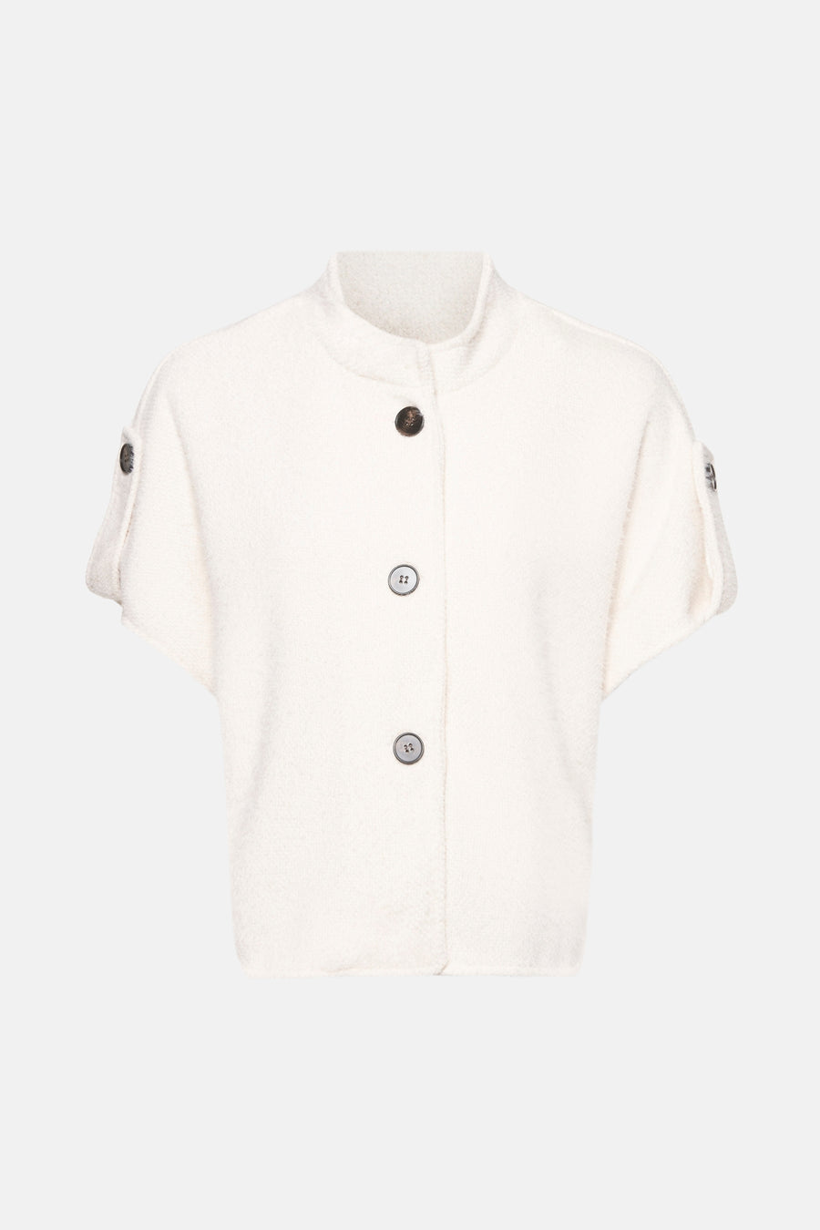 Cardigan écru de Terra di Siena avec manches courtes et fermeture boutonnée centrale.